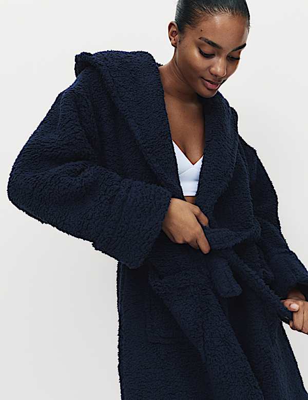 Robe de chambre en polaire imitation peau de mouton à capuche - LU