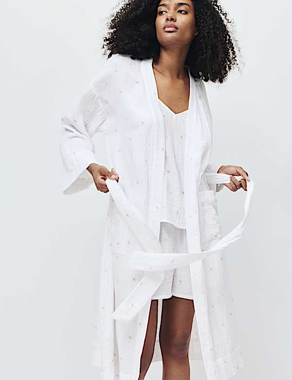 Pure Cotton Muslin Floral Dressing Gown