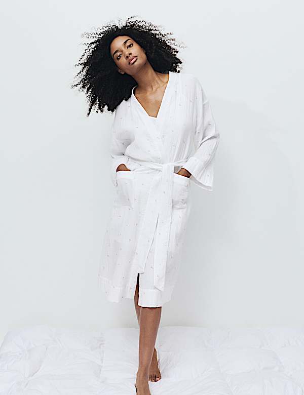 Pure Cotton Muslin Floral Dressing Gown