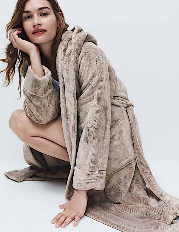 Textured Striped Hooded Dressing Gown - US