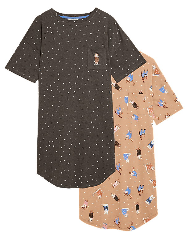 2pk Cotton Rich Cat Print Nightdresses