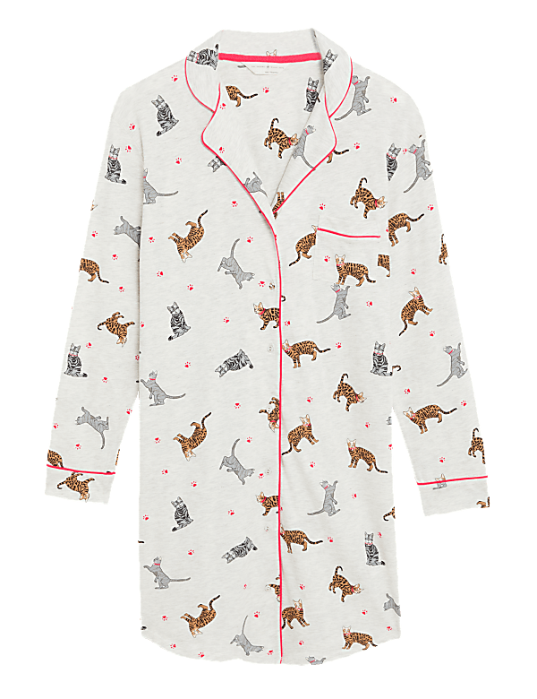 Cotton Rich Cat Print Short Nightshirt