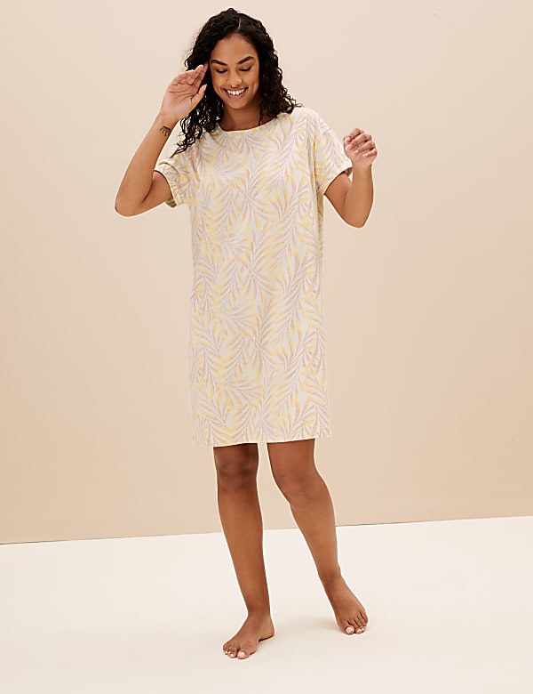 Pure Cotton Leaf Print Short Nightdress