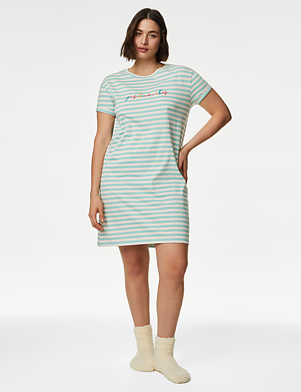 Pure Cotton Positive Vibes Slogan Nightdress - GR
