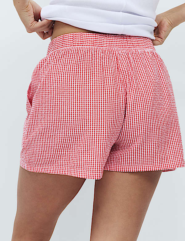 Pure Cotton Seersucker Gingham Pyjama Shorts - PT