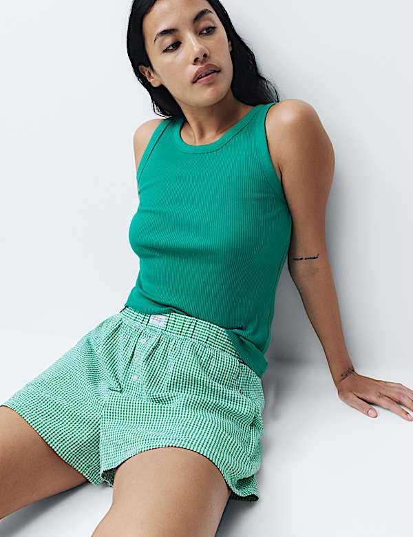 Pure Cotton Seersucker Gingham Pyjama Shorts - DE