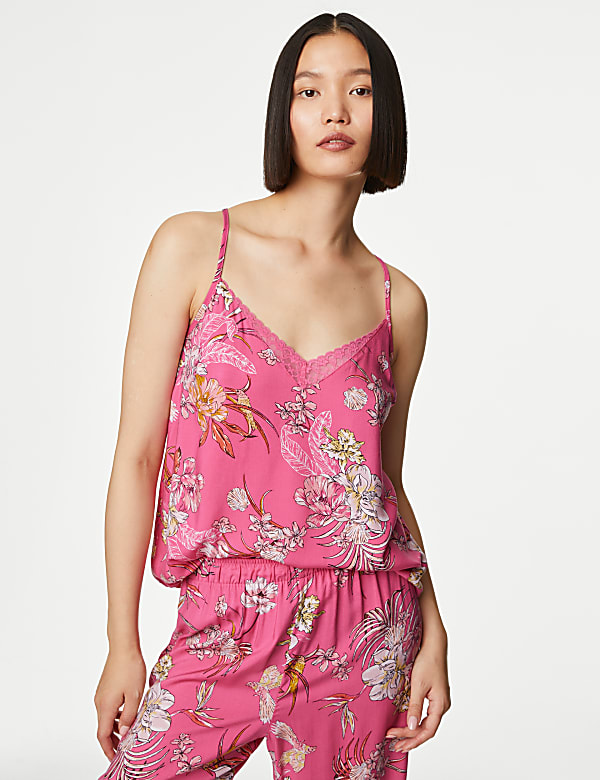 Floral Print Lace Trim Cami Top