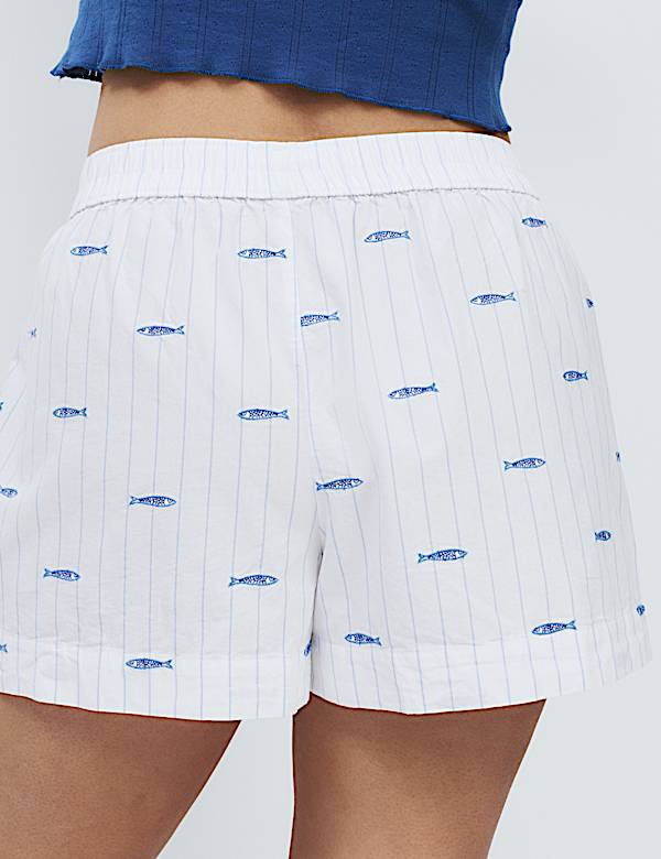 Korte pyjamabroek van popeline met geborduurd sardientjesmotief - BE