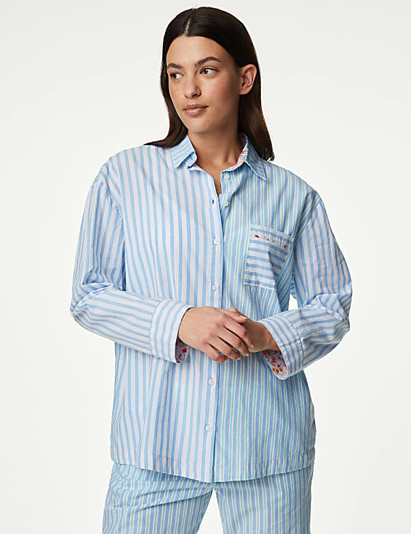 M&S Women's 100% Cotton Graph Sateen Striped Pyjama Set - Charcoal Grey - Long Sleeve - UK Size Regular