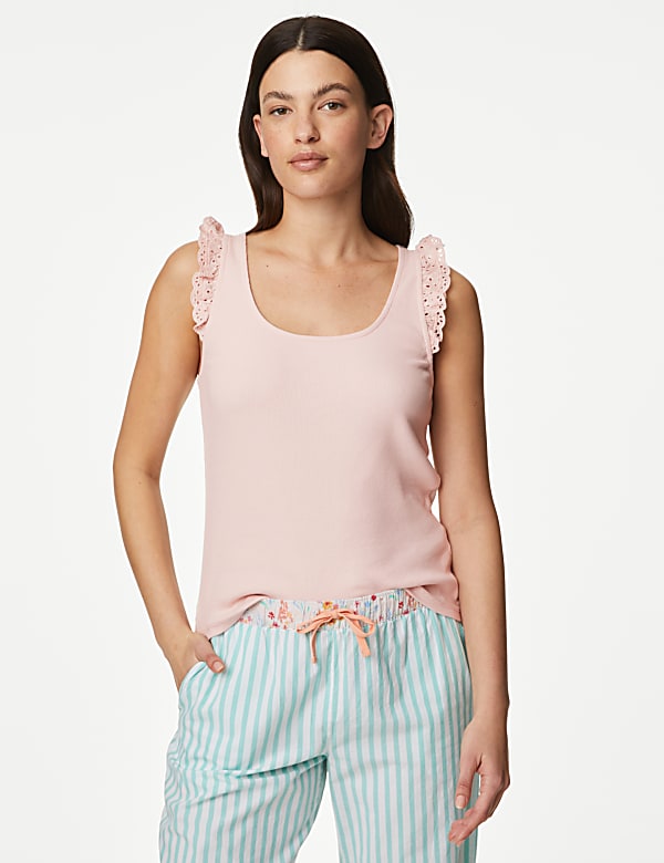 Camiseta interior acanalada de algodón con ribete bordado - US
