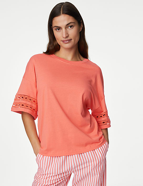 Haut de pyjama en coton et modal à motif brodé - CA