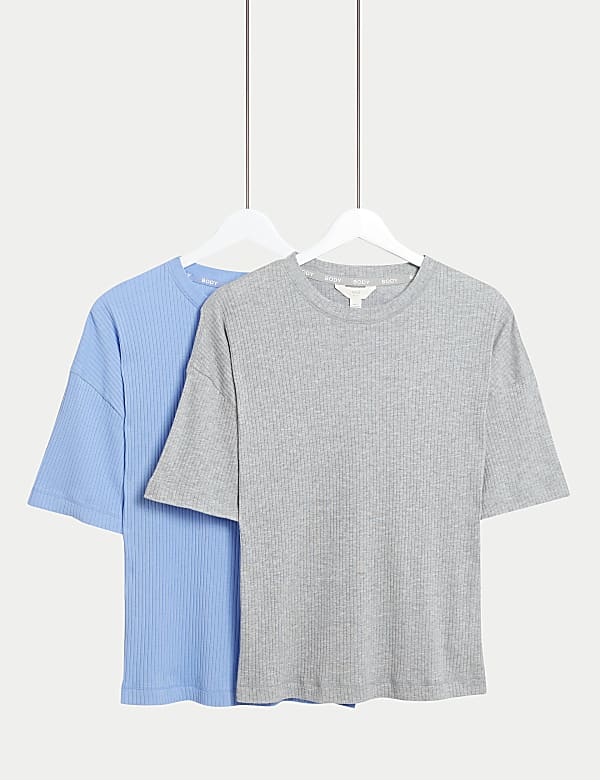 Marks Spencer 2pk Cool Comfort Ribbed Pyjama Tops Blue Mix XS