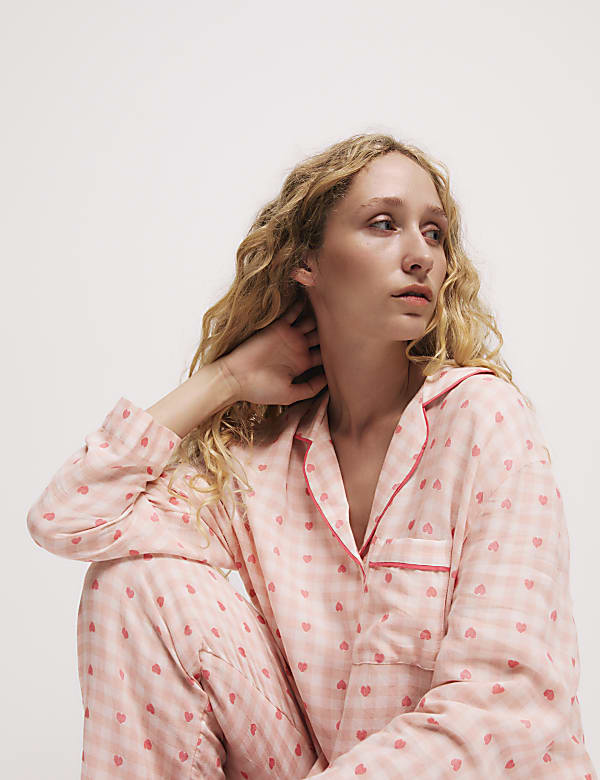 Cotton Rich Checked Heart Print Pyjama Top