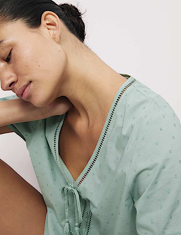 Pure Cotton Dobby Tie Front Pyjama Top - IT