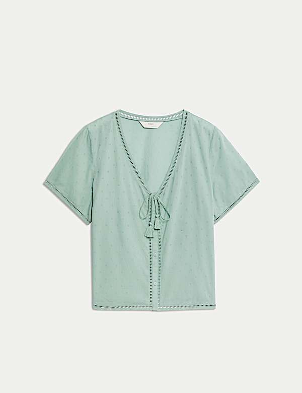 Pure Cotton Dobby Tie Front Pyjama Top - IT