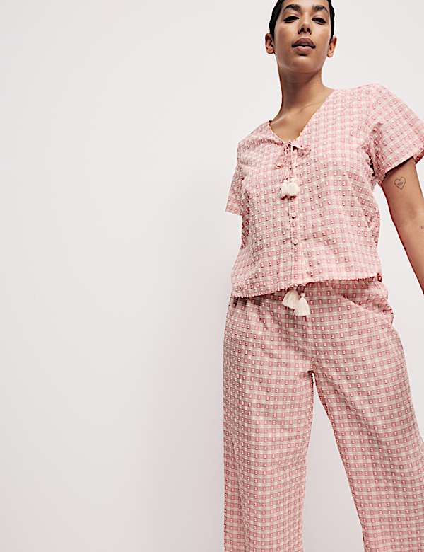 Pure Cotton Gingham Tie Front Pyjama Top - BN