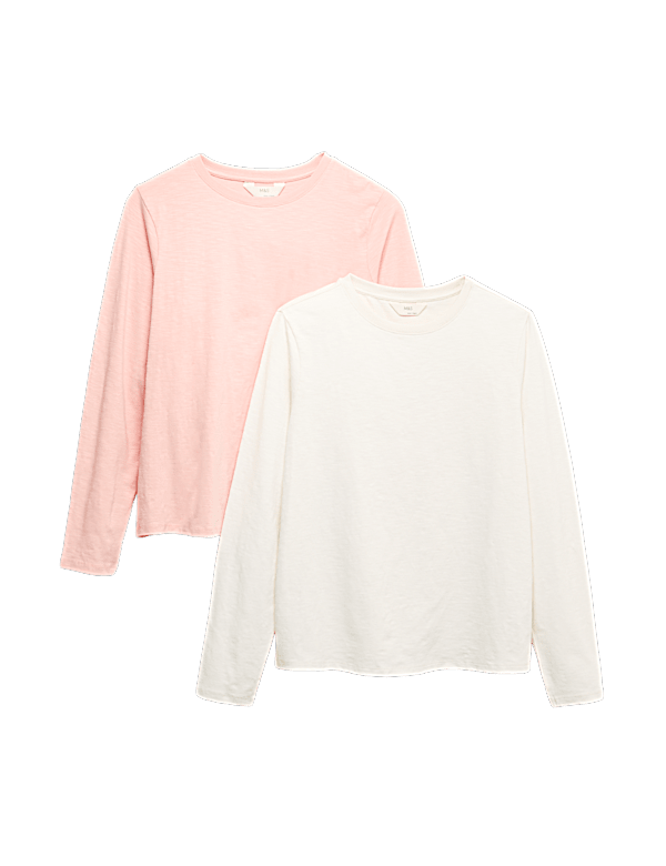 2pk Pure Cotton Slub Long Sleeve Pyjama Tops