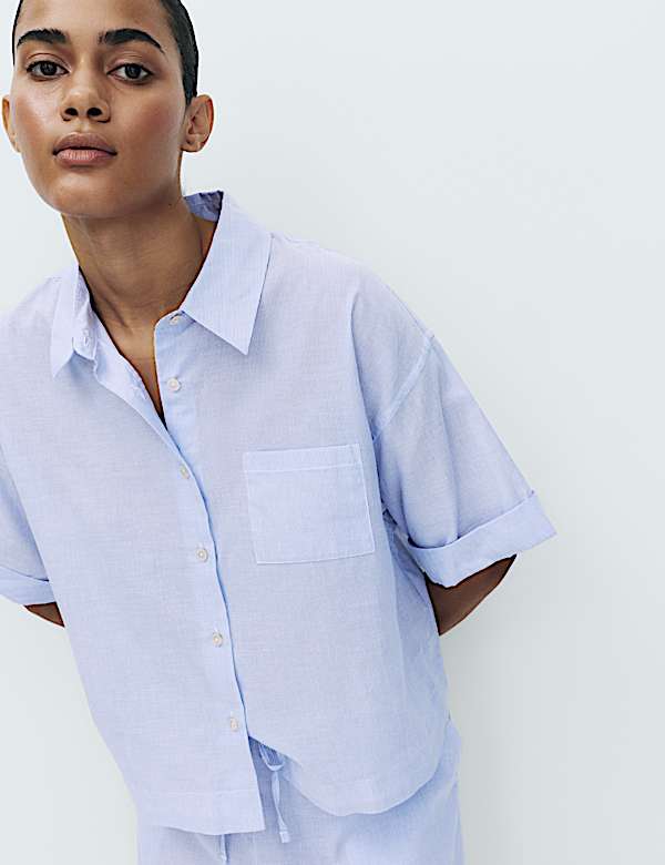 Pure Cotton Woven Stripe Collared Pyjama Top