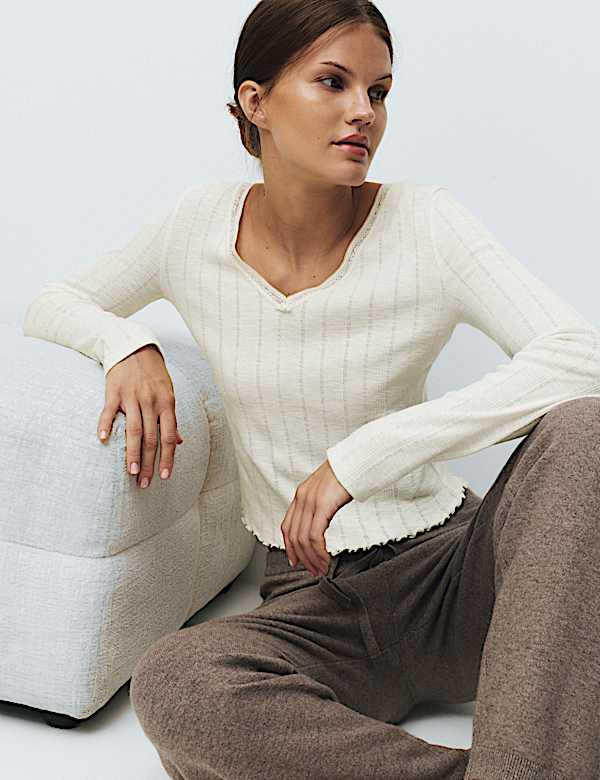 Pure Cotton Pointelle Lace Trim Pyjama Top - IL