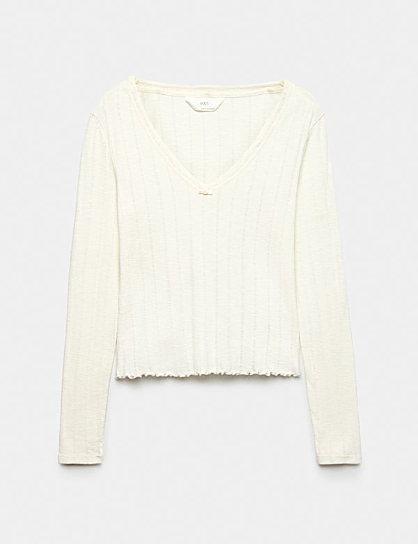 Pure Cotton Pointelle Lace Trim Pyjama Top - IL