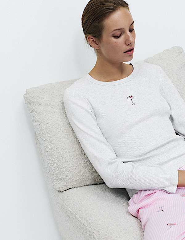 Parte de arriba de pijama de modal acanalado de algod&oacute;n con bordado - US