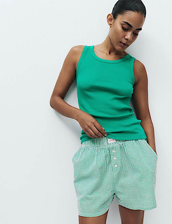 Ribbed Vest Top Gingham Shortie Set - US