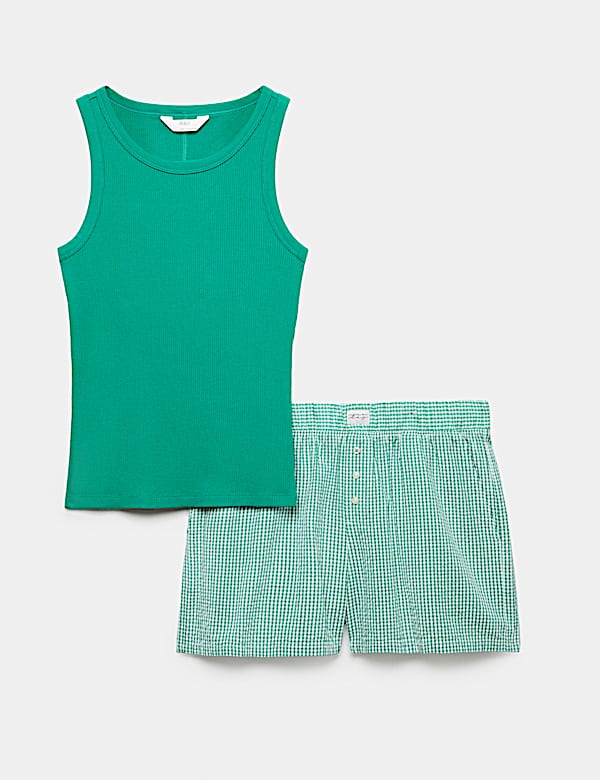 Ribbed Vest Top Gingham Shortie Set - US