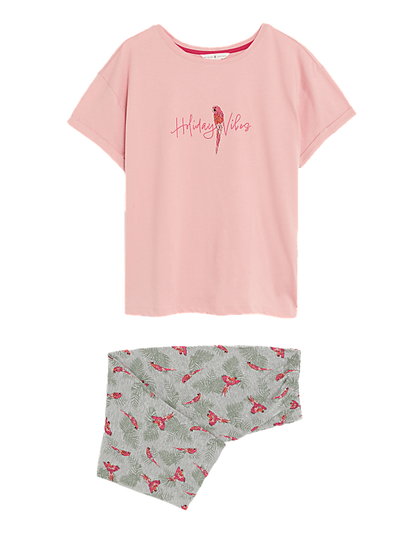 Cotton Rich Parrot Print Cropped Pyjama Set