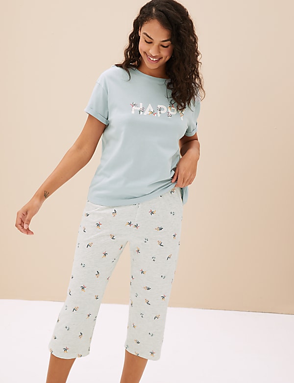 Buy Cotton Rich Happy Slogan Cropped Pyjama Set at Marks Spencer