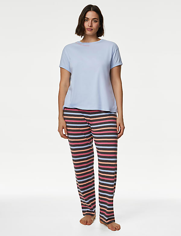 Cotton Rich Striped Slogan Pyjama Set - RS