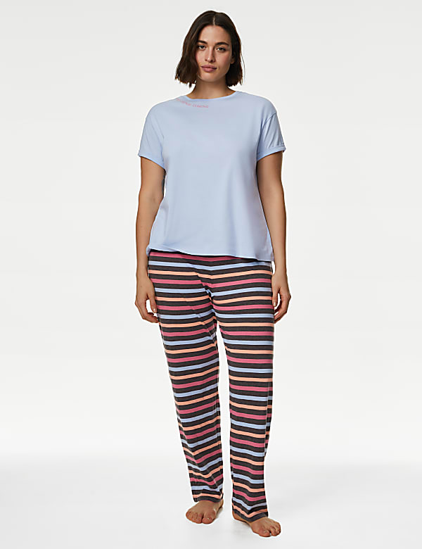 Cotton Rich Striped Slogan Pyjama Set ICE BLUE Pyjamas M S CA