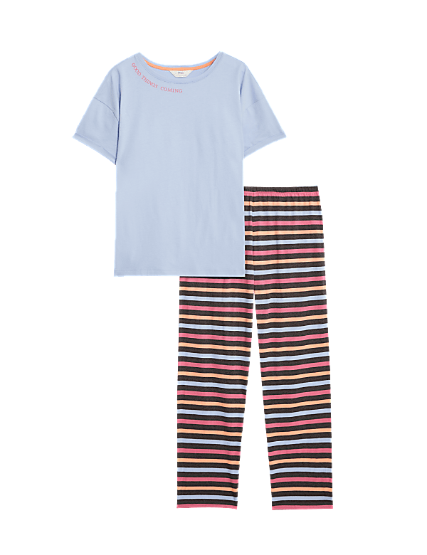 Cotton Rich Striped Slogan Pyjama Set