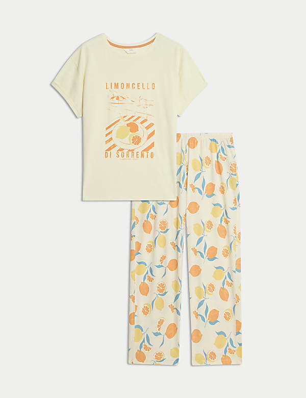 סט פיג'מה קרופ מבד עשיר בכותנה עם הדפס - IL