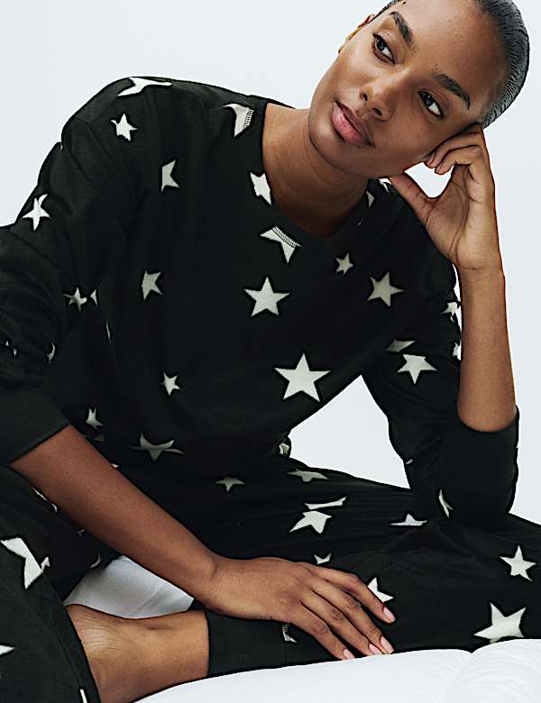 Fleece Star Print Cuffed Hem Pyjama Set - GR