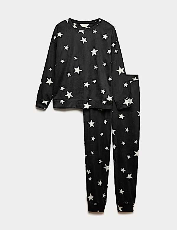 Fleece Star Print Cuffed Hem Pyjama Set - DK