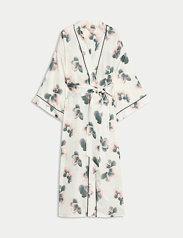 Robe de chambre en satin &agrave; manches larges et motif fleuri - CH
