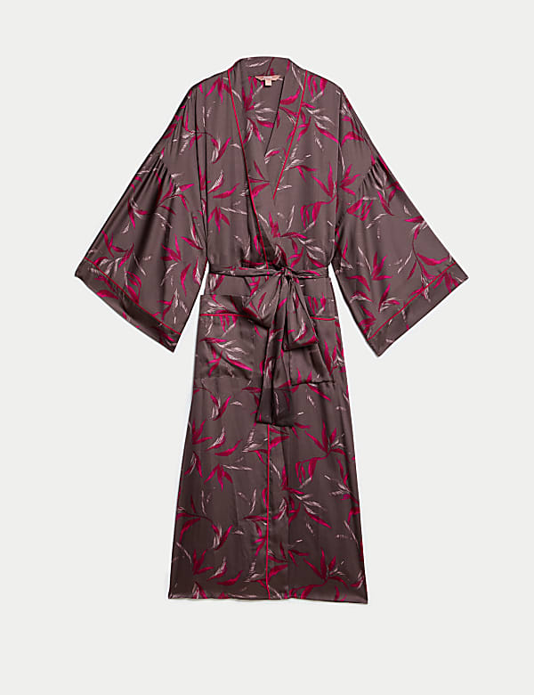 Robe de chambre en satin à manches larges et motif fleuri - FR