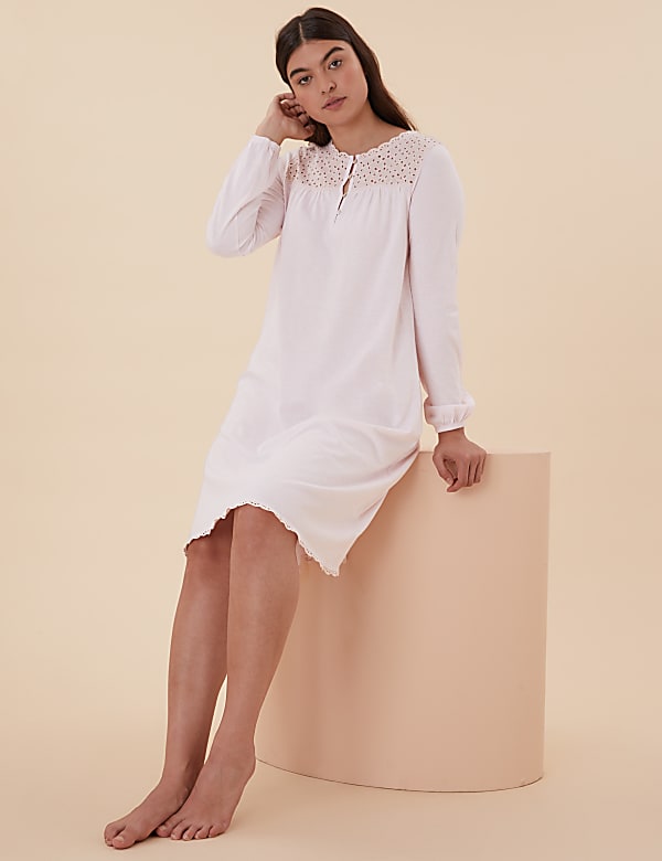 Pure Cotton Broderie Trim Long Nightdress
