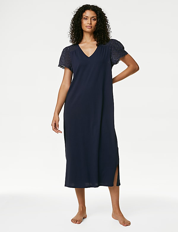 Pure Cotton Broderie Trim Long Nightdress
