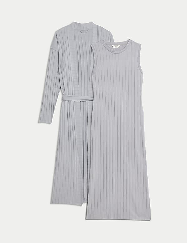 2pc Ribbed Nightdress & Cardigan Set - GR