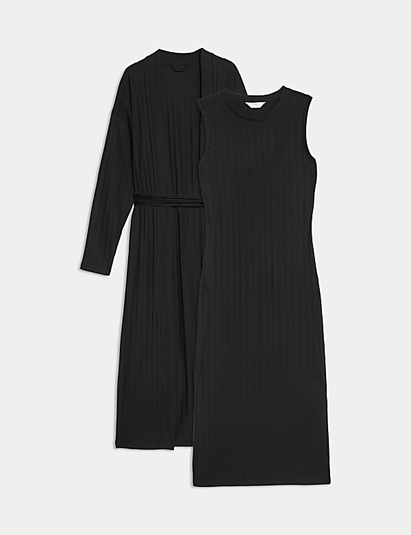 Conjunto de 2 piezas de c&aacute;rdigan y camis&oacute;n acanalado - US