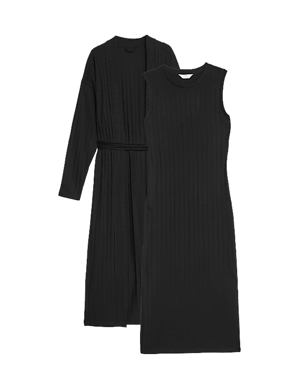 2pc Ribbed Nightdress & Cardigan Set