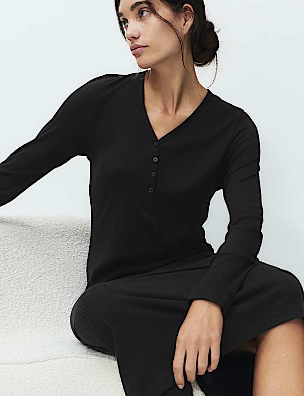 Ribbed Henley Long Sleeve Long Nightdress - EE