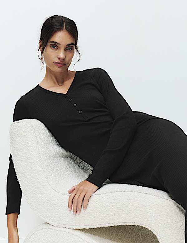 Chemise de nuit longue Henley côtelée à manches longues - LU