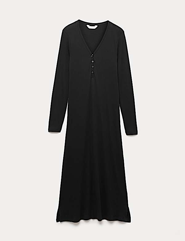 Ribbed Henley Long Sleeve Long Nightdress - IL