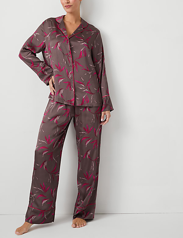 Marks Spencer Satin Floral Print Pyjama Set Brown Mix 10