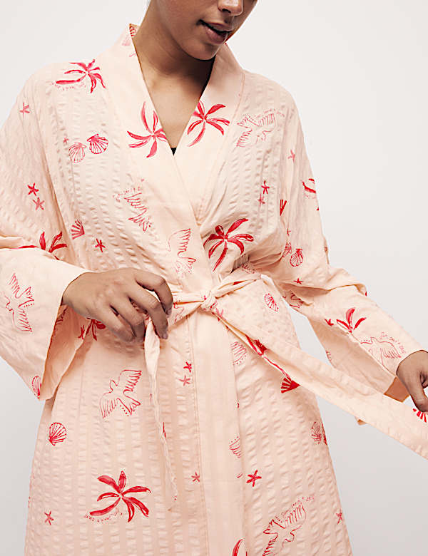 Cotton Rich Seersucker Shell Print Wrap - IT