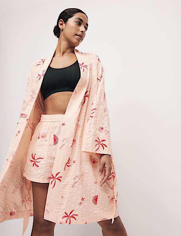 Cotton Rich Seersucker Shell Print Wrap - IT