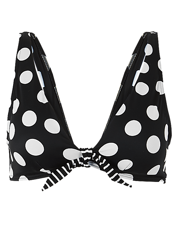Spot Print Front Tie Plunge Bikini Top