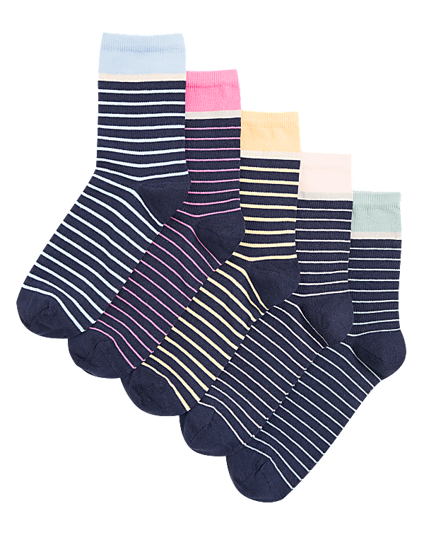 5pk Cotton Rich Striped Ankle High Socks
